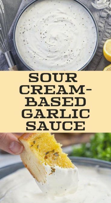 sour cream - based garlic sauce in a bowl with a piece of bread sticking out of it