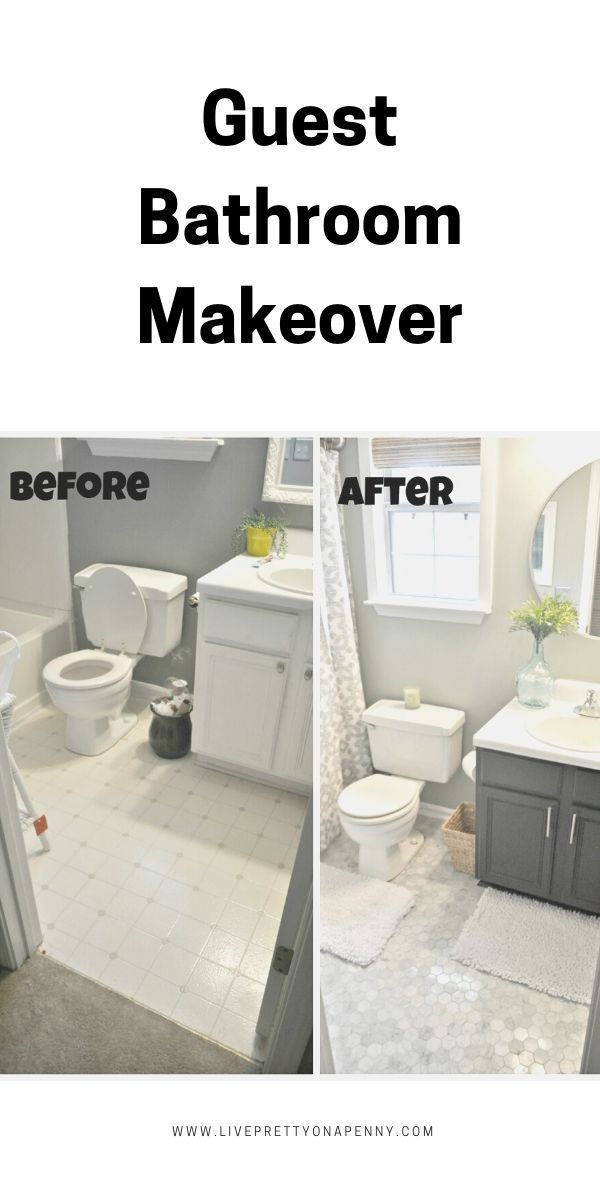 before and after photos of a bathroom remodel with white tile flooring, gray cabinetry, and toilet