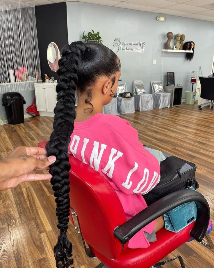 Distressed Braided Ponytail, Long Thick Braided Ponytail, Extended Hair Hairstyle Ideas, Braided Ponytail Hairstyles High, One Goddess Braid Ponytail, Braided Extended Ponytail, Long Braid For Black Women Ponytail, Braided Ponytail Hairstyles Birthday, Extended Ponytail Braid