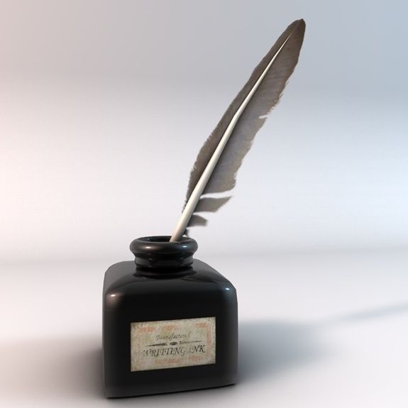 a quill with a feather resting on top of it next to a ink bottle