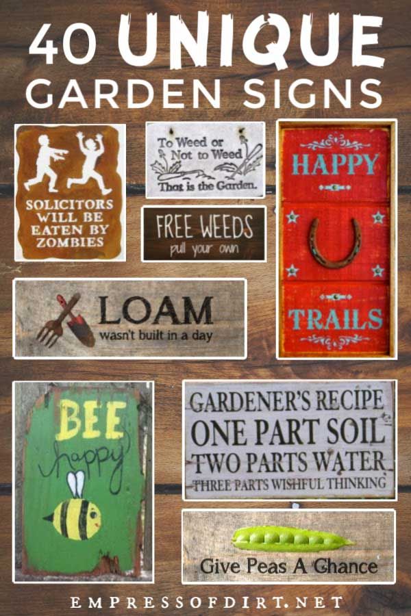 the cover of 40 unique garden signs, featuring different types of gardening implements and sayings