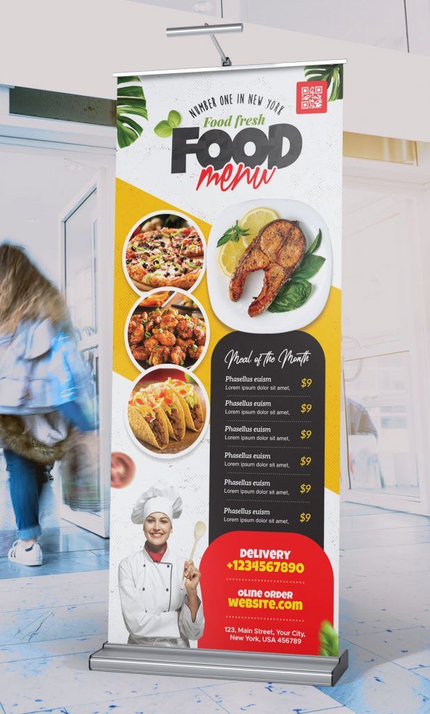 a restaurant menu board with an image of food on the front and back cover,