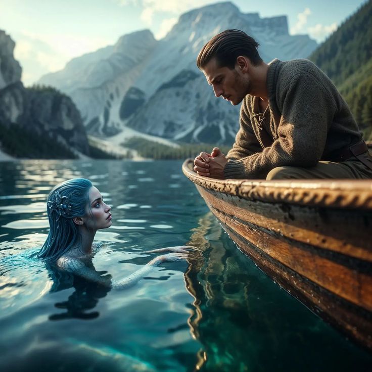 a man and woman are in the water next to a boat, looking at each other