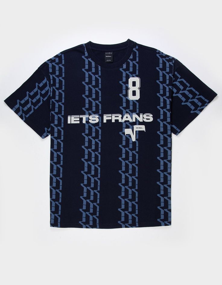 Iets Frans Sports Print Tee. Allover Print. Text Screened On Front. Crew Neck. Short Sleeve. 100% Cotton. Machine Wash. Imported. Monogram Print Graphic Tee For Streetwear, Crew Neck Cotton Tops With Logo Pattern, Relaxed Fit Monogram Print Short Sleeve Tops, Monogram Print Relaxed Fit Short Sleeve Top, Navy Letter Print Athleisure Top, Navy Athleisure Top With Letter Print, Casual Monogram Print Crew Neck T-shirt, Cotton Sports T-shirt With All Over Print, Casual Cotton Tops With Logo Pattern