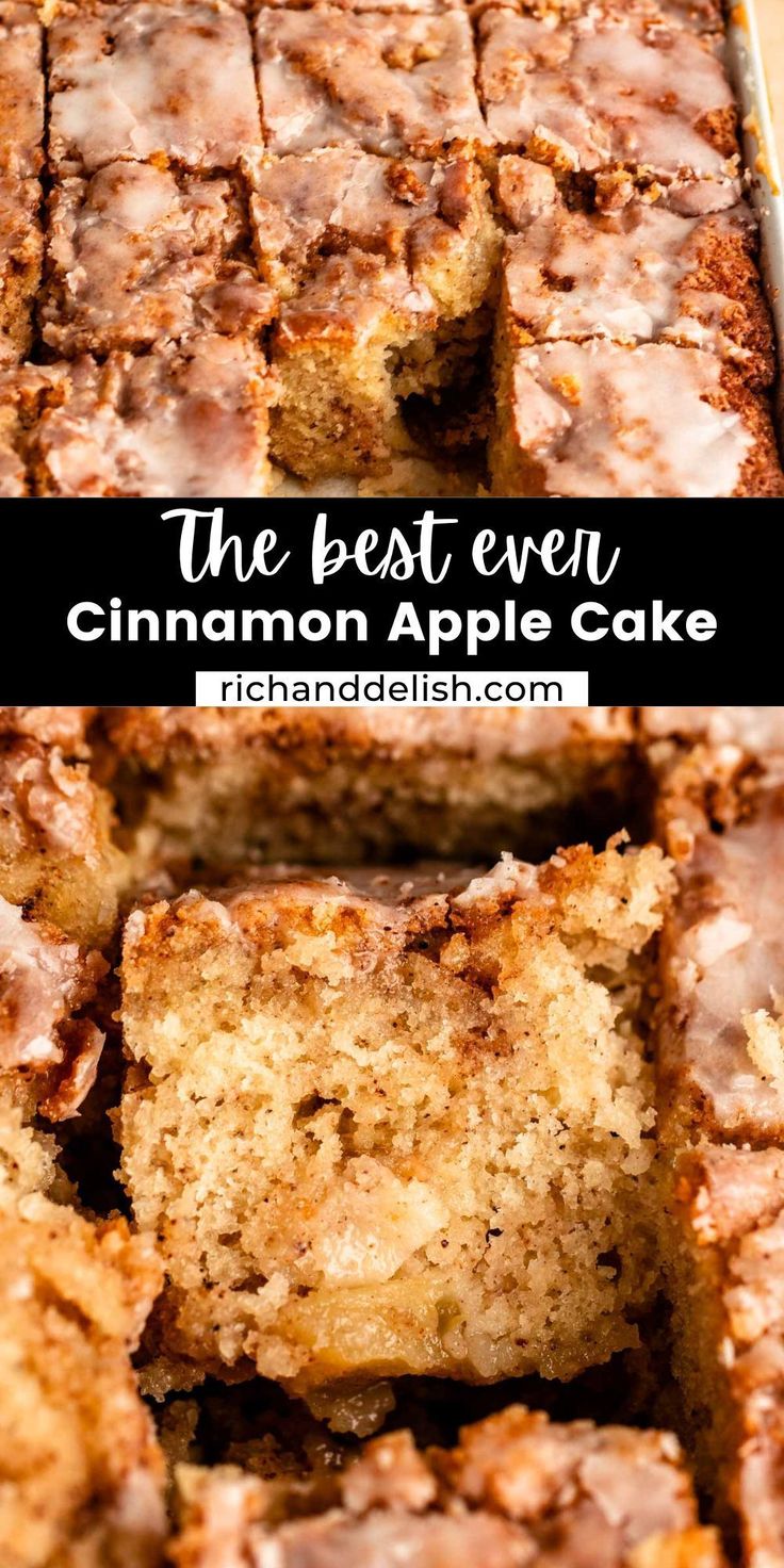 the best ever cinnamon apple cake is cut into squares and stacked on top of each other