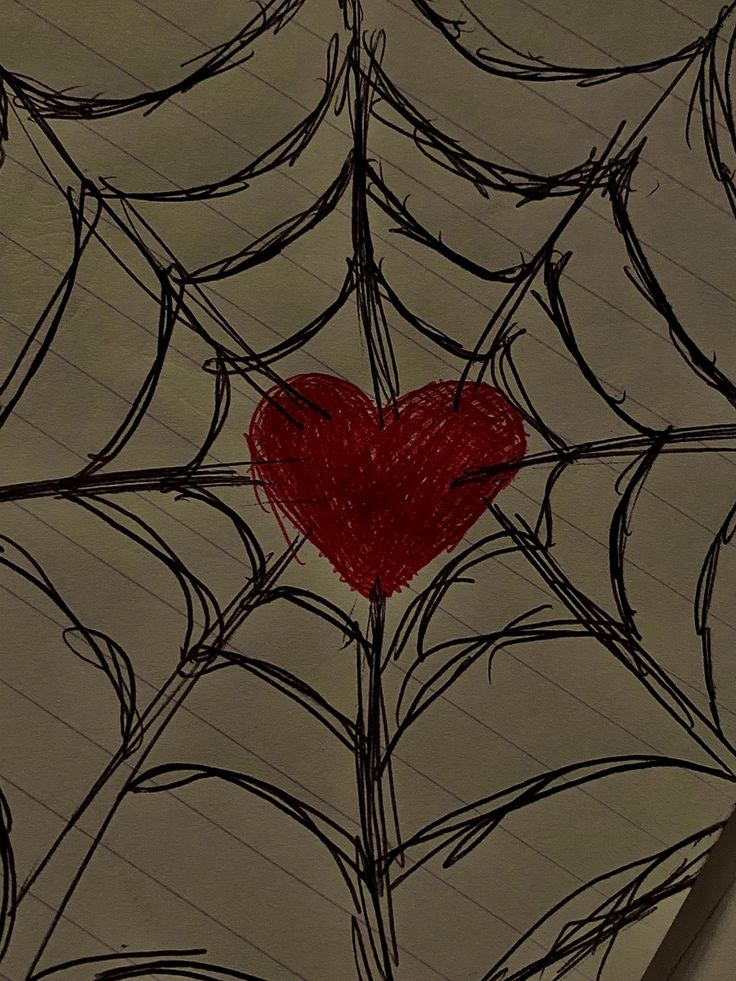 a drawing of a spider web with a heart on it