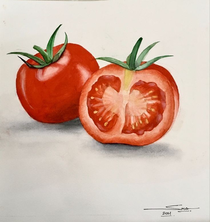 a drawing of two tomatoes on a white surface with one cut in half and the other whole