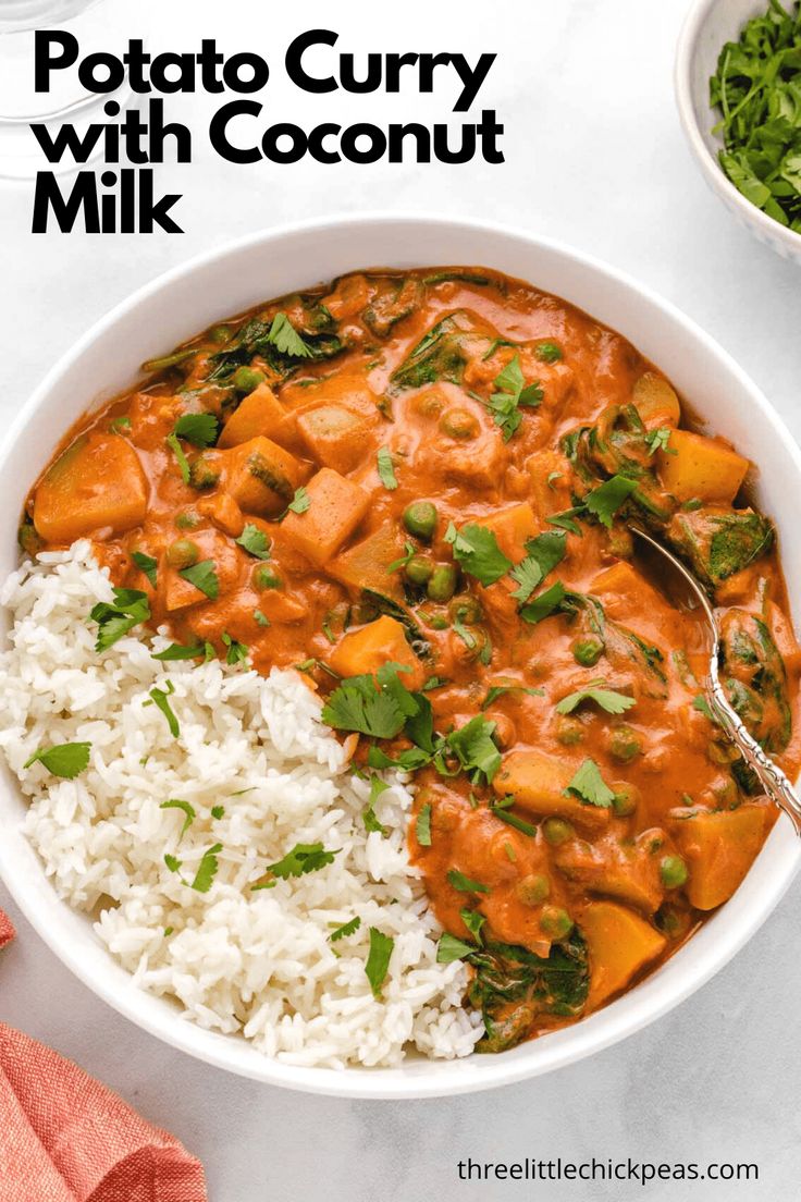 vegan potato curry in a bowl with rice and cilantro on the side