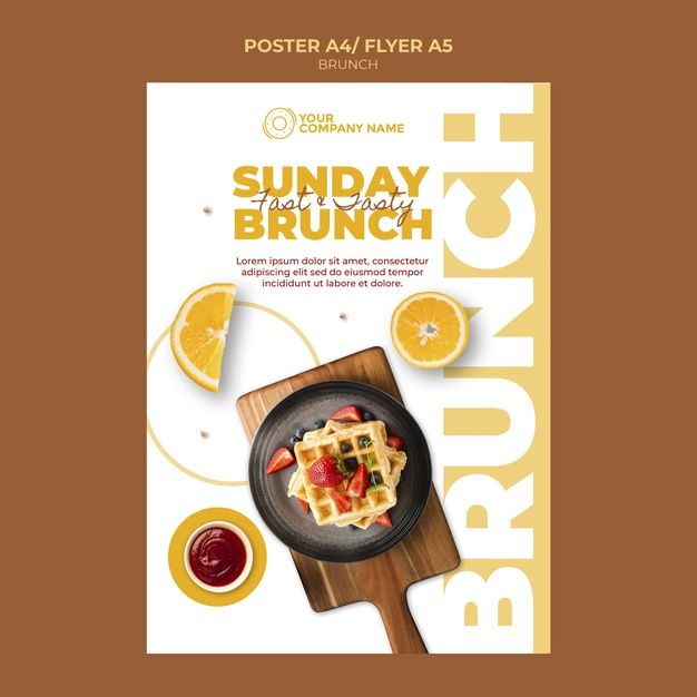 a poster for brunch with orange slices and waffles