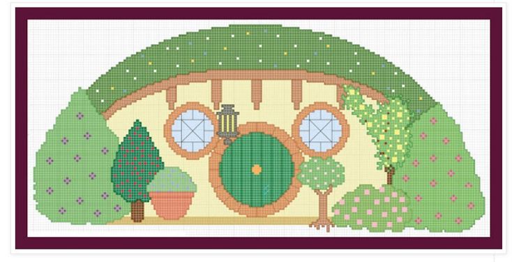 a cross stitch pattern of a house with trees and bushes on it's side