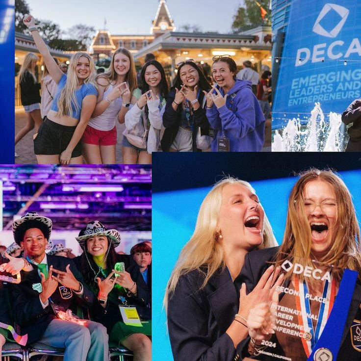 the collage shows several women and one man holding an award in front of them