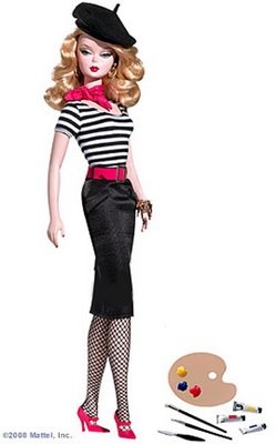 the doll is wearing a black and white striped dress with fishnet stockings, tights, and heels