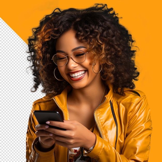 a woman wearing glasses is looking at her cell phone and smiling while she wears a yellow leather jacket