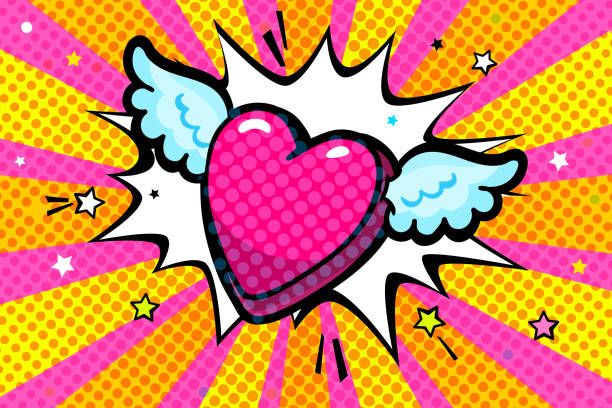 pop art heart with wings and stars on pink background in comic book style, illustration