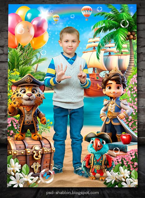 a young boy standing in front of a poster with pirate animals and balloons on it