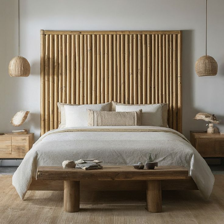 a bed with white linens and pillows in a large room next to wooden furniture