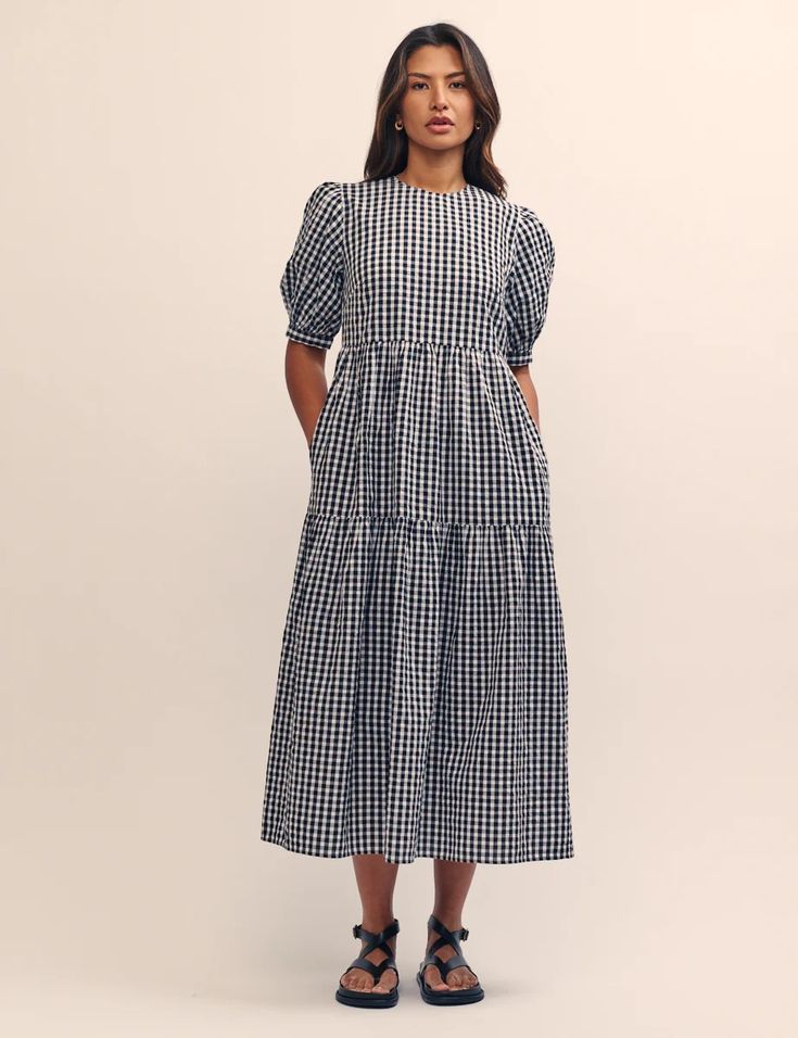 Black Gingham Rochelle Midi Smock Dress Outfit For Church, Cord Dress, Ootd Dress, Black Print Dress, Black Knit Dress, Essential Dress, Smock Dress, Petite Dresses, Trending Dresses