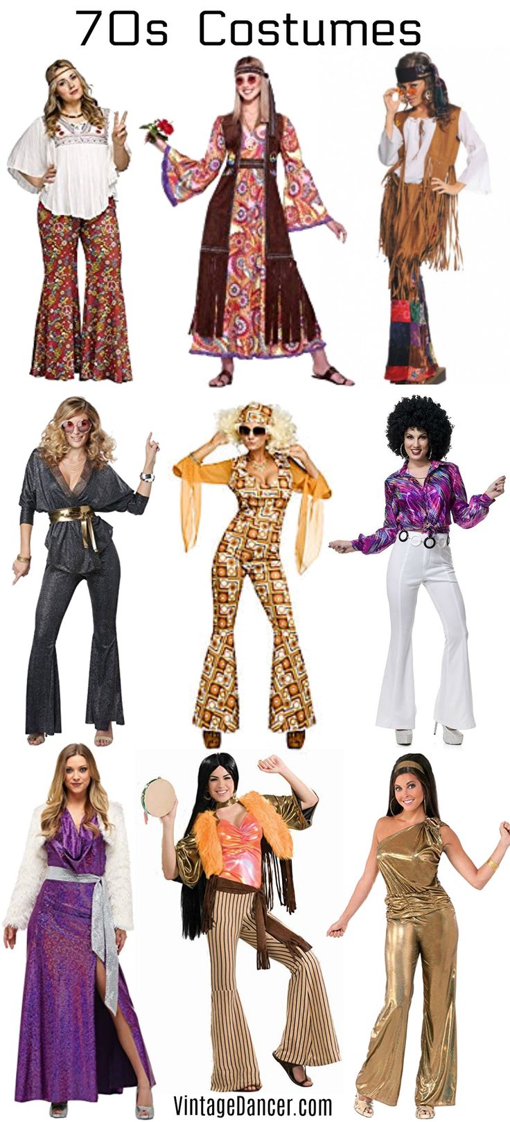 70s costumes Women's hippie disco Halloween party ideas at VintageDancer.com Outfits 70s Style, Moda Z Lat 70., 70s Dress Up, 70s Costumes, 70s Party Outfit, 70s Outfits Ideas, Disco Party Outfit, 40s Mode, Look Disco