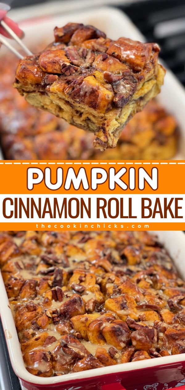 Want more pumpkin recipes for breakfast? This simple fall recipe lets you have an easy Pumpkin Cinnamon Roll Bake! Made with pumpkin rolls, a delicious mixture, and a glaze on top, you'll love every bite of this cinnamon roll casserole! No Knead Pumpkin Cinnamon Rolls, Pumpkin Cinnamon Roll Monkey Bread, Cinnamon Rolls And Pumpkin Pie Filling, Grands Pumpkin Spice Rolls, Dump And Bake Pumpkin Cinnamon Roll, Pumpkin Pie Casserole Recipe, Dump And Bake Pumpkin Cinnamon Roll Casserole, Crockpot Pumpkin Cinnamon Rolls, Breakfast Ideas Halloween