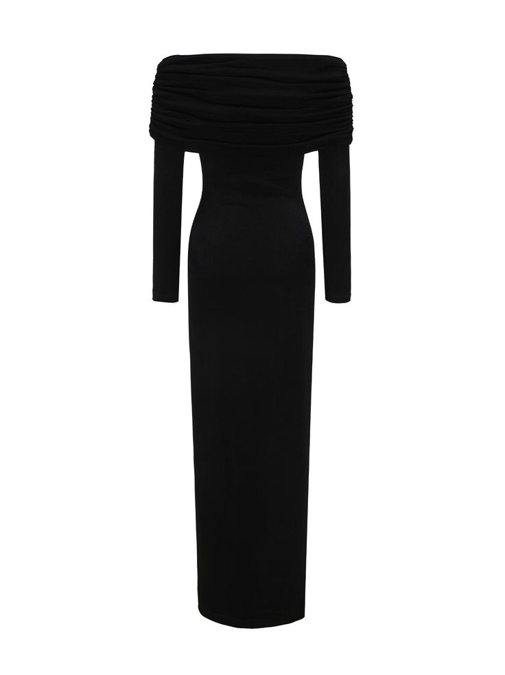 This black dress exudes a mysterious and sexy allure, seamlessly blending functionality with artistic beauty to create an exotic and captivating look. Crafted from luxurious knitted fabric, this dress can be worn without a zipper, enhancing convenience and ensuring smooth, elegant lines. The smocked off-shoulder lapel design accentuates the shoulder and neck lines, subtly revealing the collarbone and adding a touch of sexy sophistication. The waist-cinching design hugs the body, highlighting the Chic Long Black Bodycon Dress, Sleek Black Evening Dress With Flattering Silhouette, Evening Long Sleeve Bodycon Dress With Flattering Silhouette, Elegant Black Maxi Dress With Flattering Silhouette, Chic Black Evening Dress With Flattering Silhouette, Bodycon Maxi Evening Dress, Elegant Long Bodycon Midi Dress, Chic Stretch Evening Dress, Black Bodycon Mini Dress For Gala