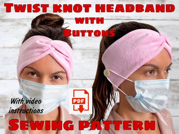 two women wearing surgical masks with text over them that reads, twist knot headband with buttons with video instruction sewing pattern