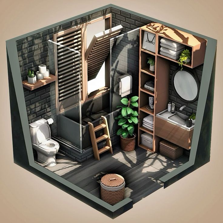 an overhead view of a small bathroom and living room in a tiny apartment with brick walls