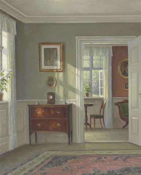 a painting of a living room with an antique dresser and chair in the foreground