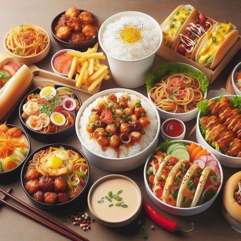 a table topped with lots of different types of food next to drinks and chopsticks