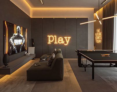 a game room with ping pong tables and neon signs on the wall above it