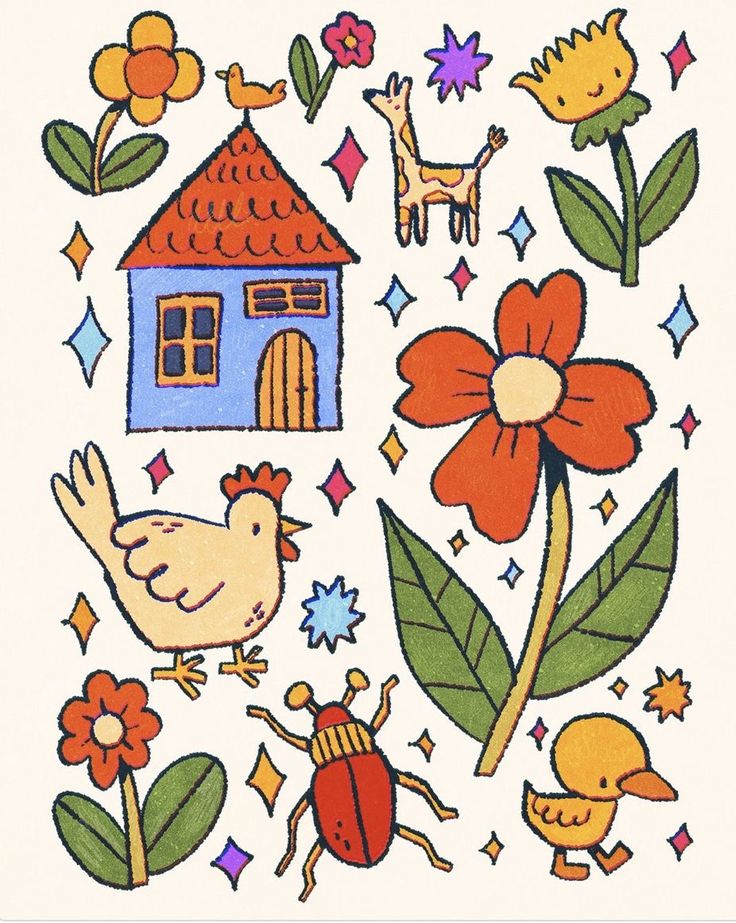 a drawing of flowers, birds, and animals in front of a house