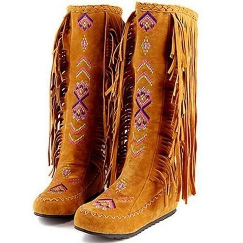 Trendy Fashion Women's Embroidered Moccasins Knee High Boot flat Tassels Shoes plus sz , Womens Boots Light Brown Boots, Tassel Embroidery, Embroidery Flats, Knee High Boots Flat, Tassel Shoes, Flat Heels, Boho Boots, Embroidered Boots, Moccasin Boots