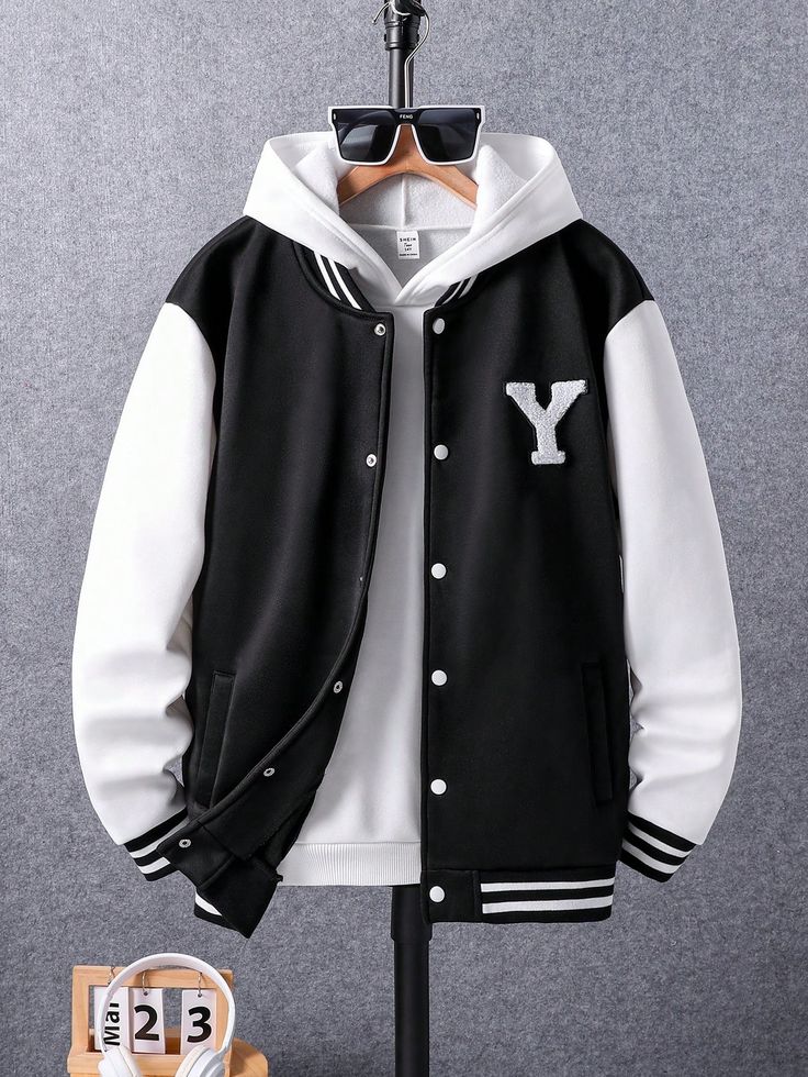 Teenage Boys College Style Colorblock Baseball Knit Jacket Black and White   Long Sleeve Knitted Fabric Letter Other Non-Stretch  Teen Boys Clothing, size features are:Bust: ,Length: ,Sleeve Length: Graphic Jackets, Hype Clothing, Men Jackets, Stylish Hoodies, Guys Clothing Styles, كريستيانو رونالدو, Cool Outfits For Men, Cool Hoodies, Mens Outerwear