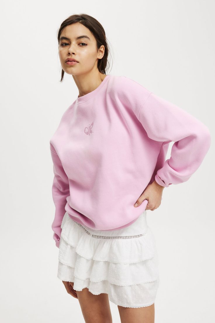 OLIVIA RODRIGO CREW SWEATSHIRT Long Sleeve And Shorts, Blouse Jeans, Cheeky Bikinis, Short Shirts, Olivia Rodrigo, Crew Sweatshirts, Denim Coat, Shirt Skirt, Cotton On