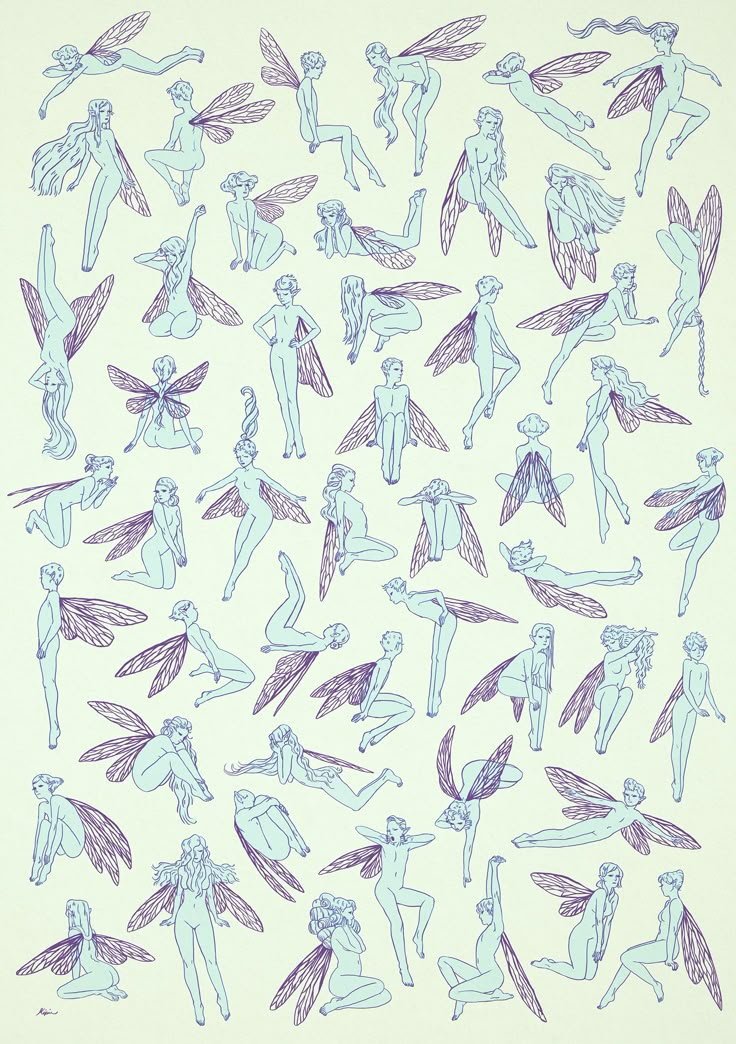 a drawing of people with wings and body shapes in blue ink on a white paper