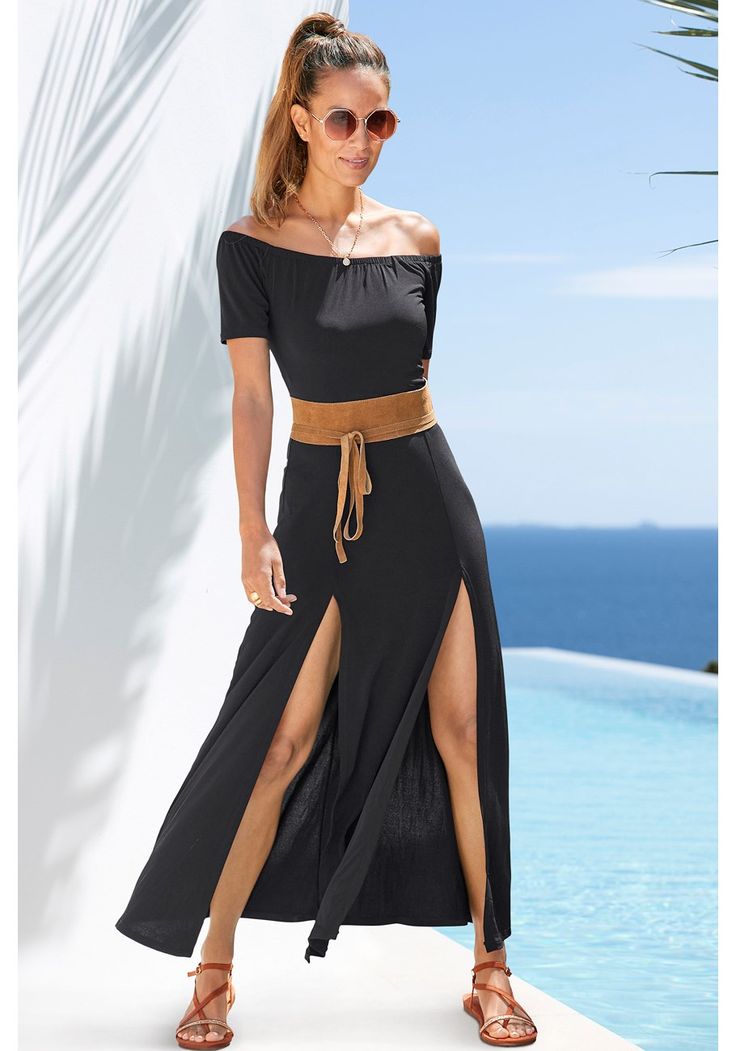 Black Carmen Neckline Maxi Dress X30023 | LASCANA Long Midi Dress With Side Slits For Vacation, Long Vacation Dress With Side Slits, Long Dresses With Side Slits For Vacation, Evening Off-shoulder Maxi Dress With Side Slits, Chic Off-shoulder Midi Dress For Vacation, Elegant Fitted Off Shoulder Dress For Vacation, Beach Midi Dress With Split Design, Summer Maxi Dress With Split Design, Summer Maxi Dress With Split Design For Day Out