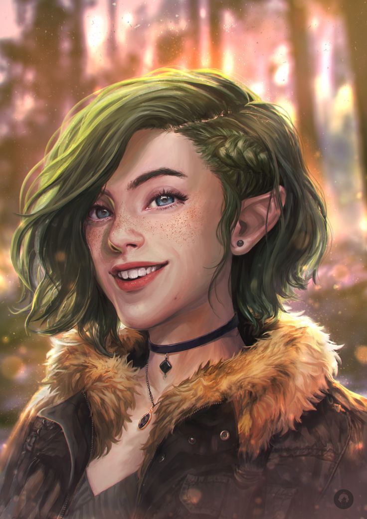 a digital painting of a woman with green hair and fur collar smiling at the camera