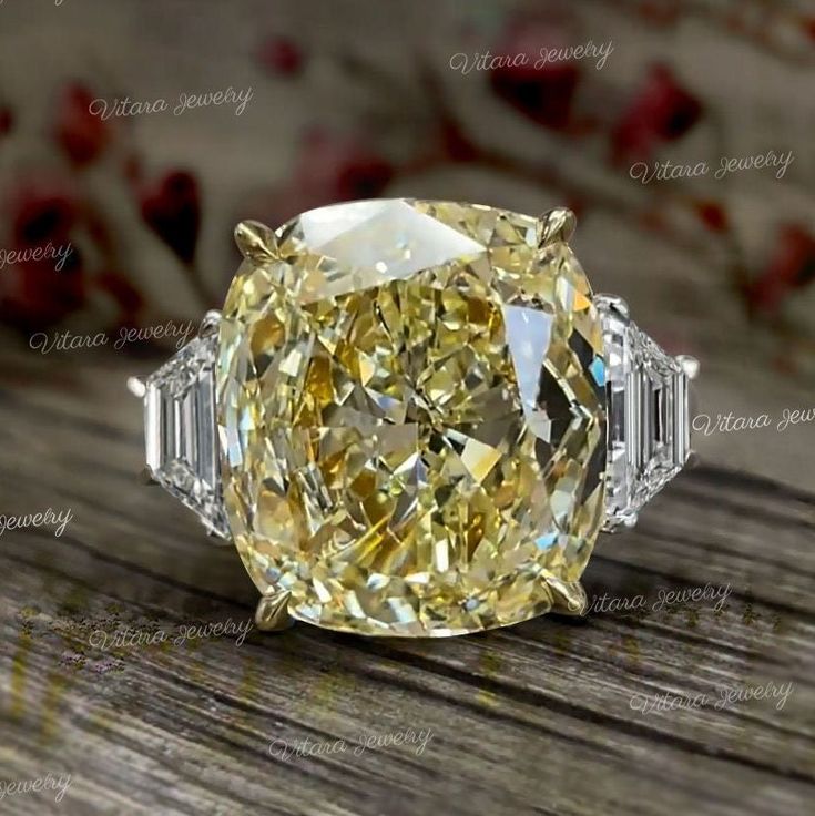 Handmade 13.4 CT Canary yellow Moissanite three stone cushion cut engagement ring,celebrity style trapezoid&big elongated cushion 3 stone wedding ring → Occasions: Engagement & Wedding DESCRIPTION  -------------------- STYLE                                       : Three stone *Moissanite Details  Stone                                        :Moissanite - High Quality                          Main Stone                            :Cushion Size (mm)                               :15*13 Carat Weigh Sapphire Bridal Set, Cushion Cut Wedding Rings, Canary Yellow Diamonds, Moissanite Engagement Ring Cushion Cut, Big Engagement Rings, Canary Diamond, Yellow Cushion, Plus Size Rings, Yellow Sapphire Rings