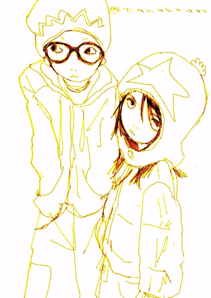 a drawing of two people in winter clothes