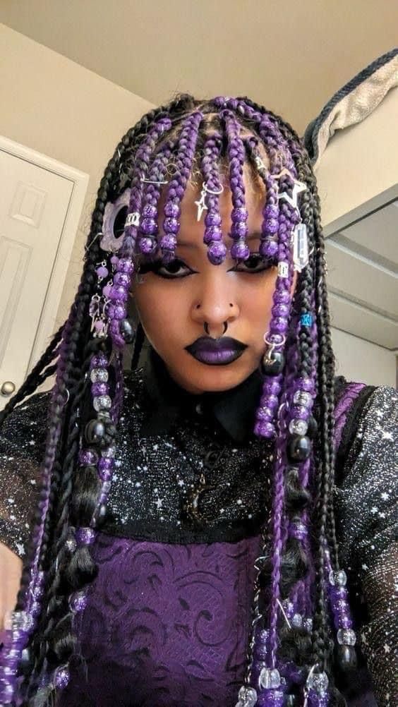 Kawaii Hairstyles For Black Women, Colorful Black Hairstyles, Half Black Half Red Braids, Black Alt Hairstyles Braids, Purple Braid Hairstyles, Wick Hair Styles, Alt Black Woman Hair, Jellyfish Haircut Box Braids, Scene Hair Black People