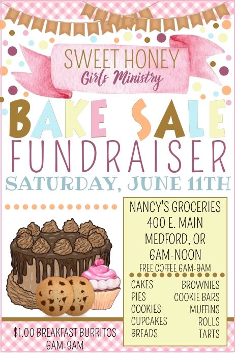 a flyer for a bake sale featuring cookies and cakes