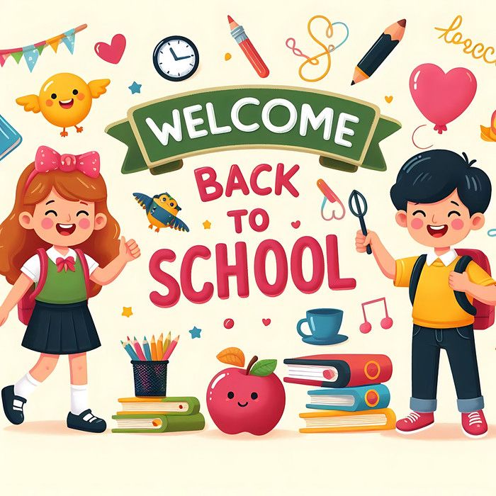 two children standing next to each other in front of a welcome back to school sign