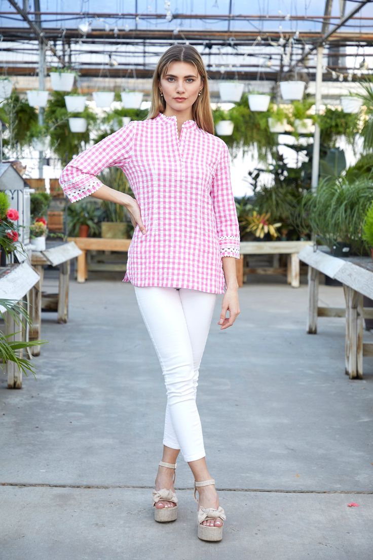 Soft and elegant, with a flirty rick rack at the collar and bell sleeves, this blouse could not be an easier effortlessly chic style. Shaping darts on waist for a tailored fit. Spring Split Neck Blouse With Placket, Spring Day Out Blouse With Collared Neckline, Spring Tops With Collared Neckline And Placket, Spring Collared Neckline Top With Placket, Fitted Split Neck Summer Blouse, Stretch Split Neck Blouse, Chic Blouse With Placket For Day Out, Feminine Blouse With 3/4 Sleeves, Spring Blouse With Placket For Day Out