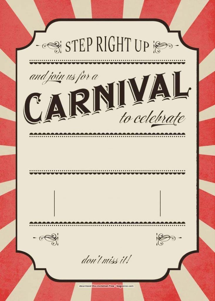 a carnival ticket with the words carnival in black and white on red rays behind it