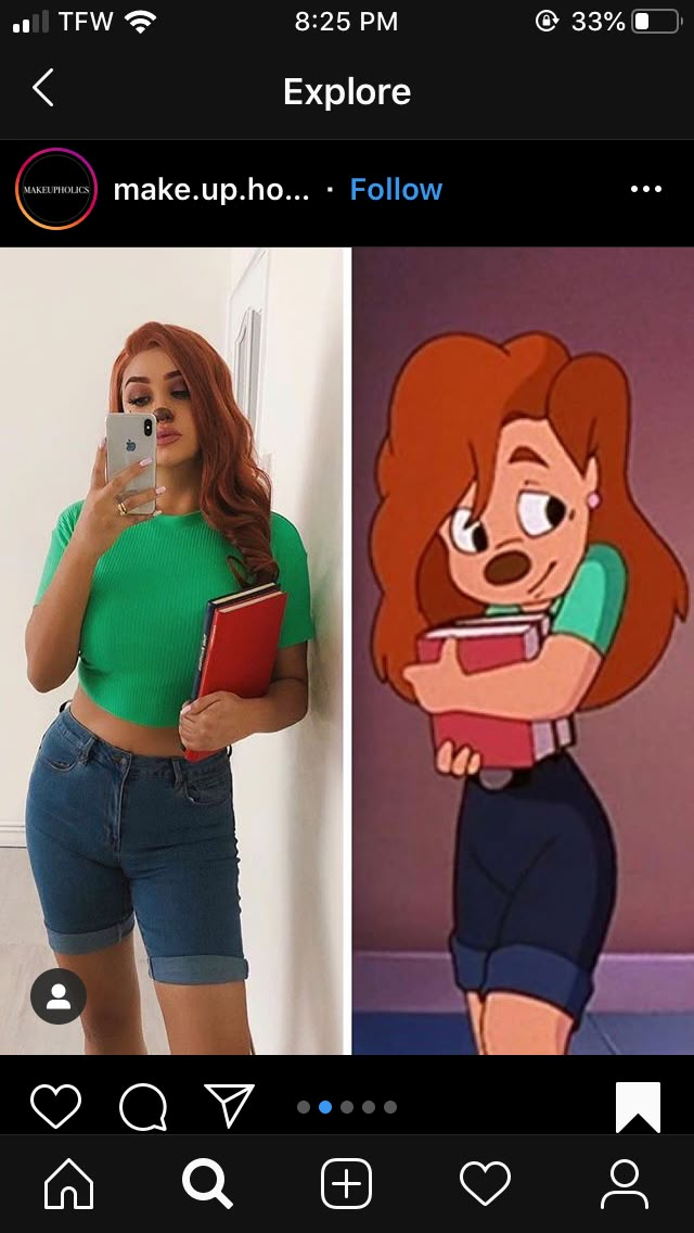 an image of a woman with red hair in shorts and green shirt holding a book