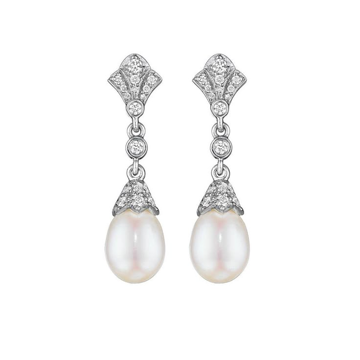 Pearl and Diamond Deco Drop Earrings in 18K White Gold Art Deco Pearl Earrings, Luxury Pearl Jewelry, Wedding Earrings Diamond, Diamond Pearl Earrings, Earrings Pearl Drop, Expensive Jewelry Luxury, White Pearl Earring, Diamond Collection, Luxury Earrings