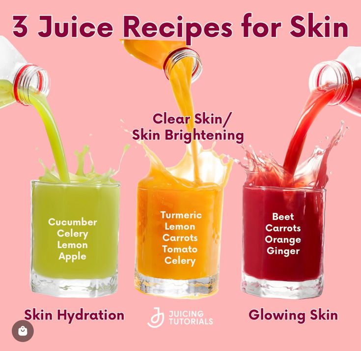 three juices for skin are being poured into glasses