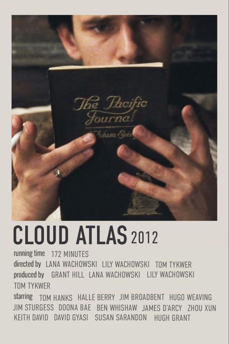 the poster for cloud atlas 2012 shows a man holding a book in his hands and looking at it