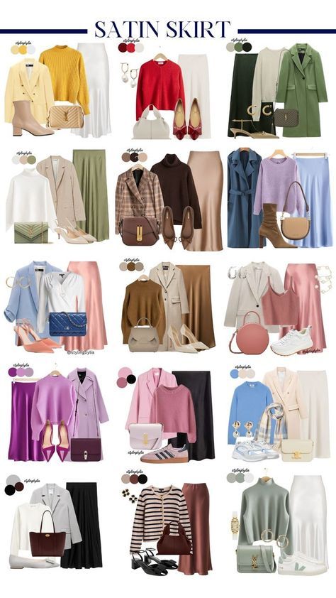 Autumn Outfits Colorful, Skirt Outfits For Office, Outfits With Satin Skirt, Satin Skirt Casual Outfit, Satin Skirt Outfit Ideas, How To Style A Satin Skirt, How To Style Satin Skirt, Satin Skirt Winter Outfit, Office Skirt Outfits Women