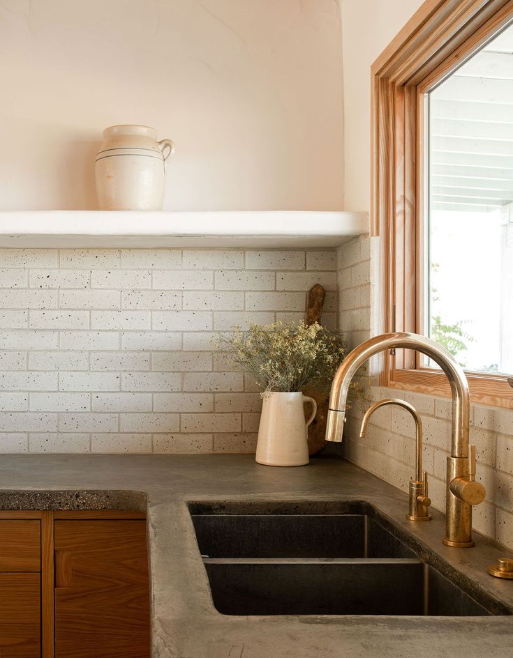 a kitchen sink sitting under a window next to a potted plant on top of a counter