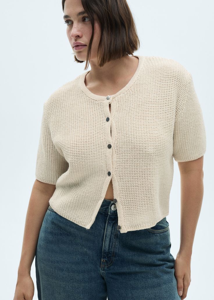 Short-sleeved knitted cardigan - Women | MANGO USA Knitted Tops For Women, Knit Tops With Button Closure For Work, Open Knit Button-up Tops, Fitted Textured Knit Button-up Top, Knit Tops With Button Closure For Day Out, Fall Pointelle Knit Button-up Tops, Relaxed Fit Textured Knit Button-up Top, Textured Knit Relaxed Fit Button-up Top, Textured Knit Button-up Top With Relaxed Fit